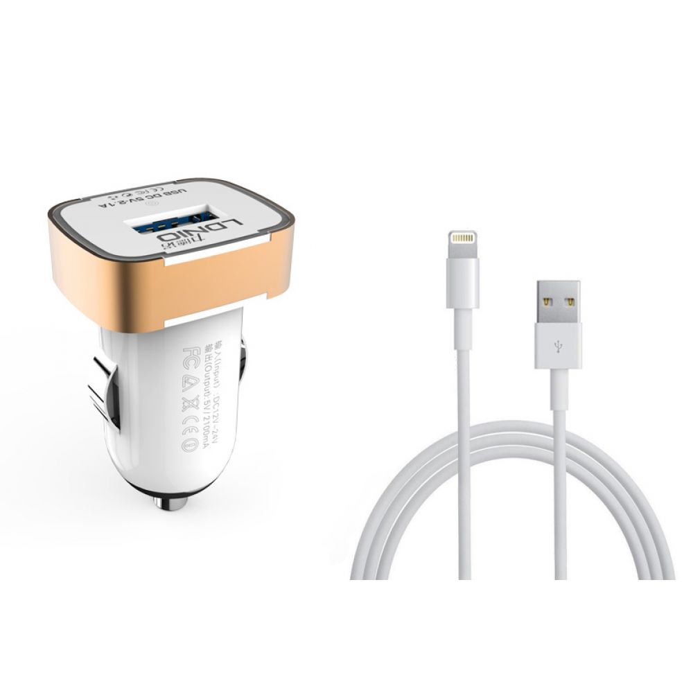 LDNIO DL-C211, 5V/2.1A, Car socket charger Universal,1xUSB,With cable for iPhone 5/6/7SE,W/B,14385